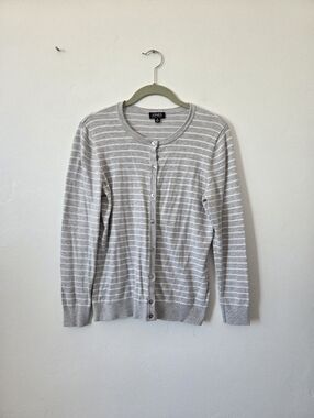 Jones New York Gray Striped Cardigan Sweater Gold Buttons Preppy Old Money M